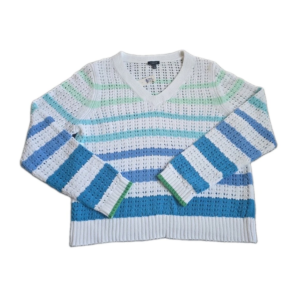 Talbots Open Stitch Vneck Sweater Blue Green Stripe Womans NWT Coastal Resort L